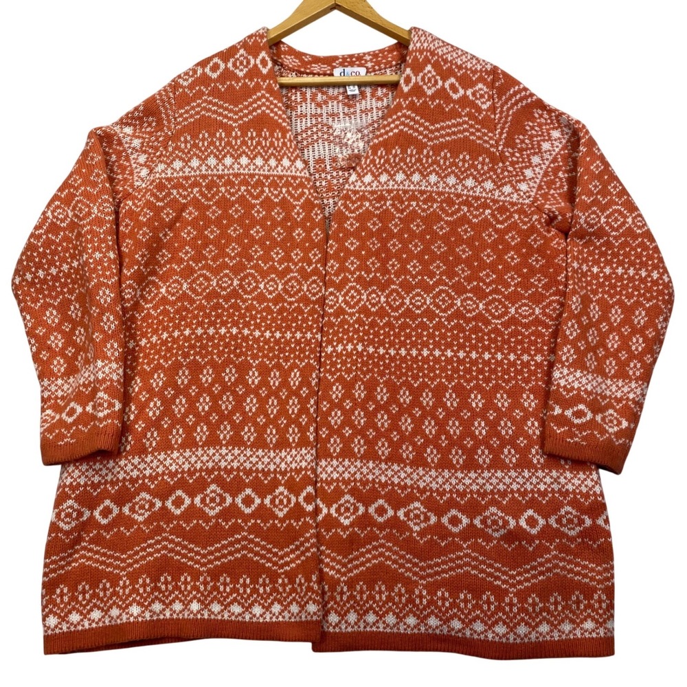 Denim & Co. Jacquard Cardigan Womens Large Orange Fair Isle Open Front Pocket